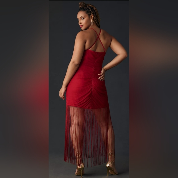 Anthropologie Vineet Bahl Sleeveless V-Neck Fringe Maxi Dress in Red - Picture 8 of 16